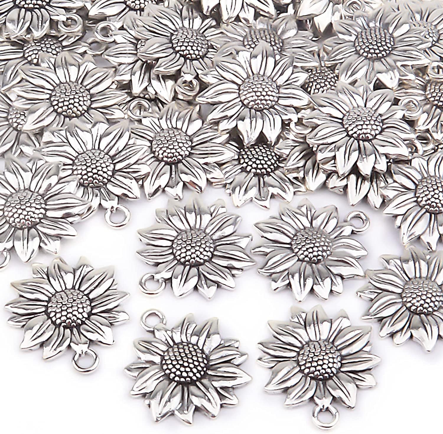 Bronagrand 60Pcs Sunflower Charms Pendants Alloy Vintage Flower Dangle Charms for DIY Earrings Necklace Bracelet Jewelry Making, Antique Silver