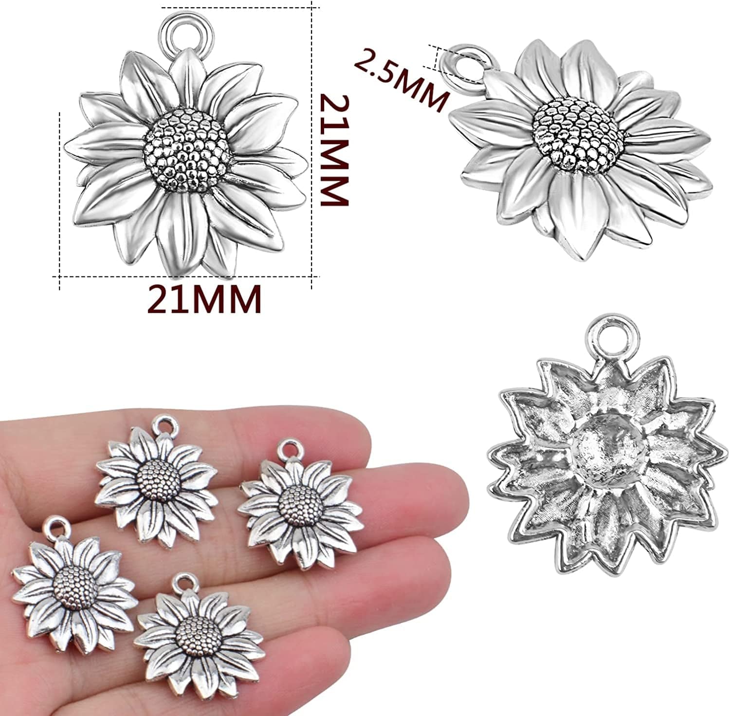 Bronagrand 60Pcs Sunflower Charms Pendants Alloy Vintage Flower Dangle Charms for DIY Earrings Necklace Bracelet Jewelry Making, Antique Silver