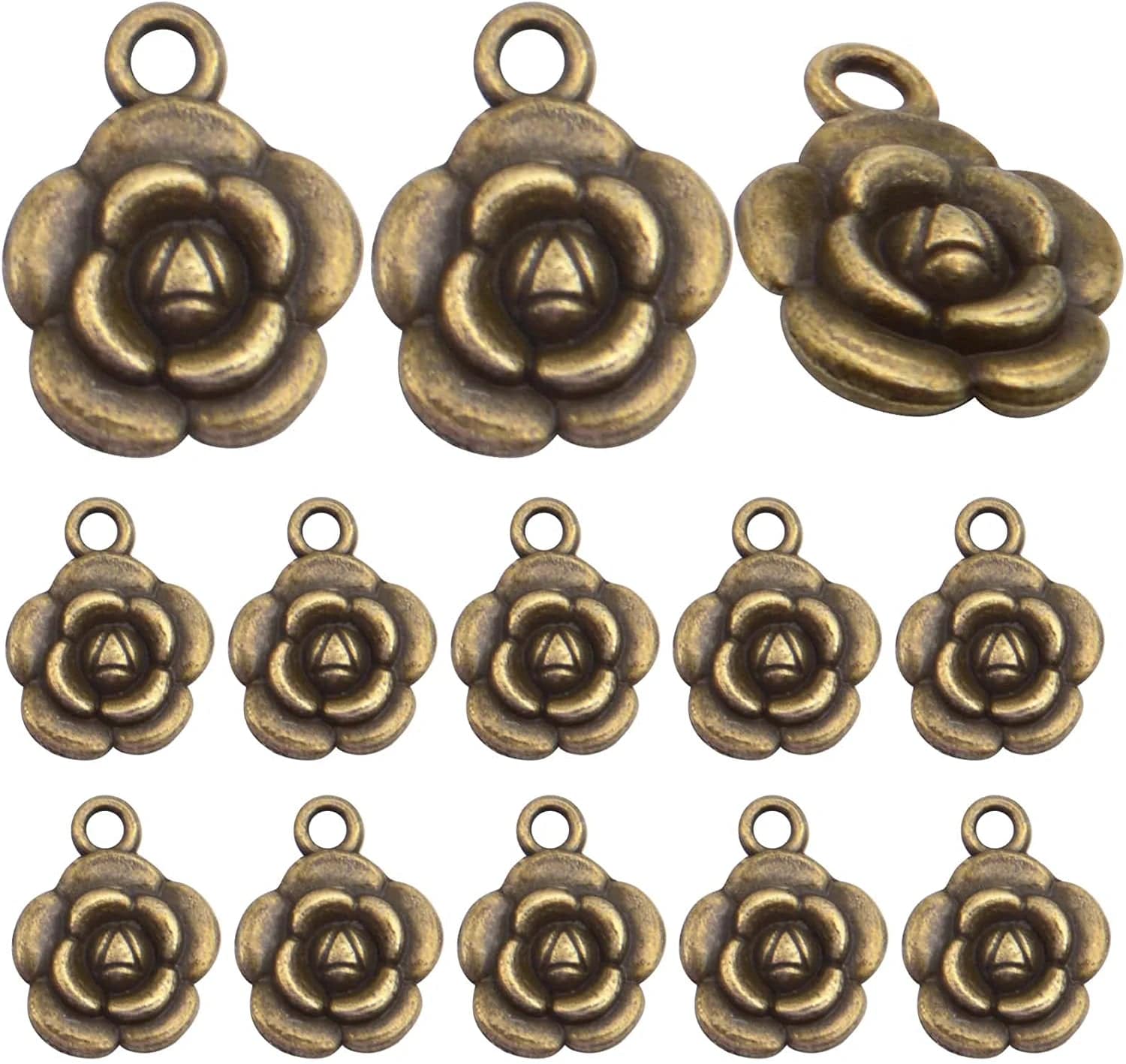 Bronagrand Rose Charm Pendant,60Pcs Alloy Rose Flower Charms Flower Bead Charms Craft Supplies for Jewelry DIY Necklace Earrings Bracelet Making Accessory,Antique Silver and Gold Antique Bronze
