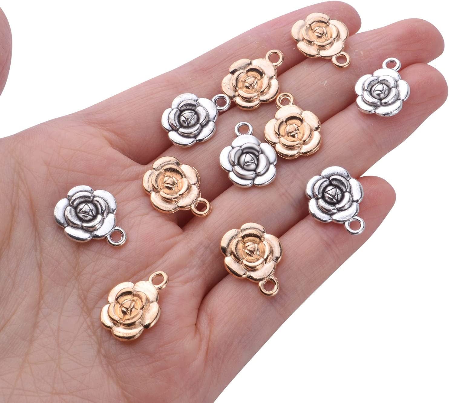 Bronagrand Rose Charm Pendant,60Pcs Alloy Rose Flower Charms Flower Bead Charms Craft Supplies for Jewelry DIY Necklace Earrings Bracelet Making Accessory,Antique Silver and Gold