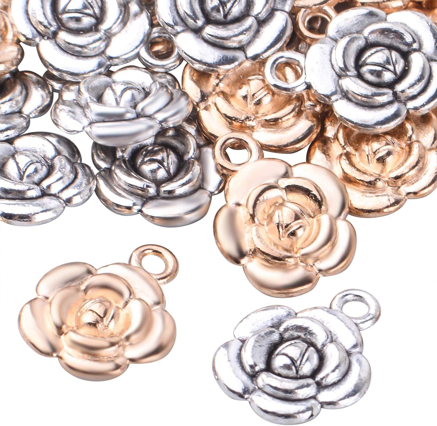 Bronagrand Rose Charm Pendant,60Pcs Alloy Rose Flower Charms Flower Bead Charms Craft Supplies for Jewelry DIY Necklace Earrings Bracelet Making Accessory,Antique Silver and Gold