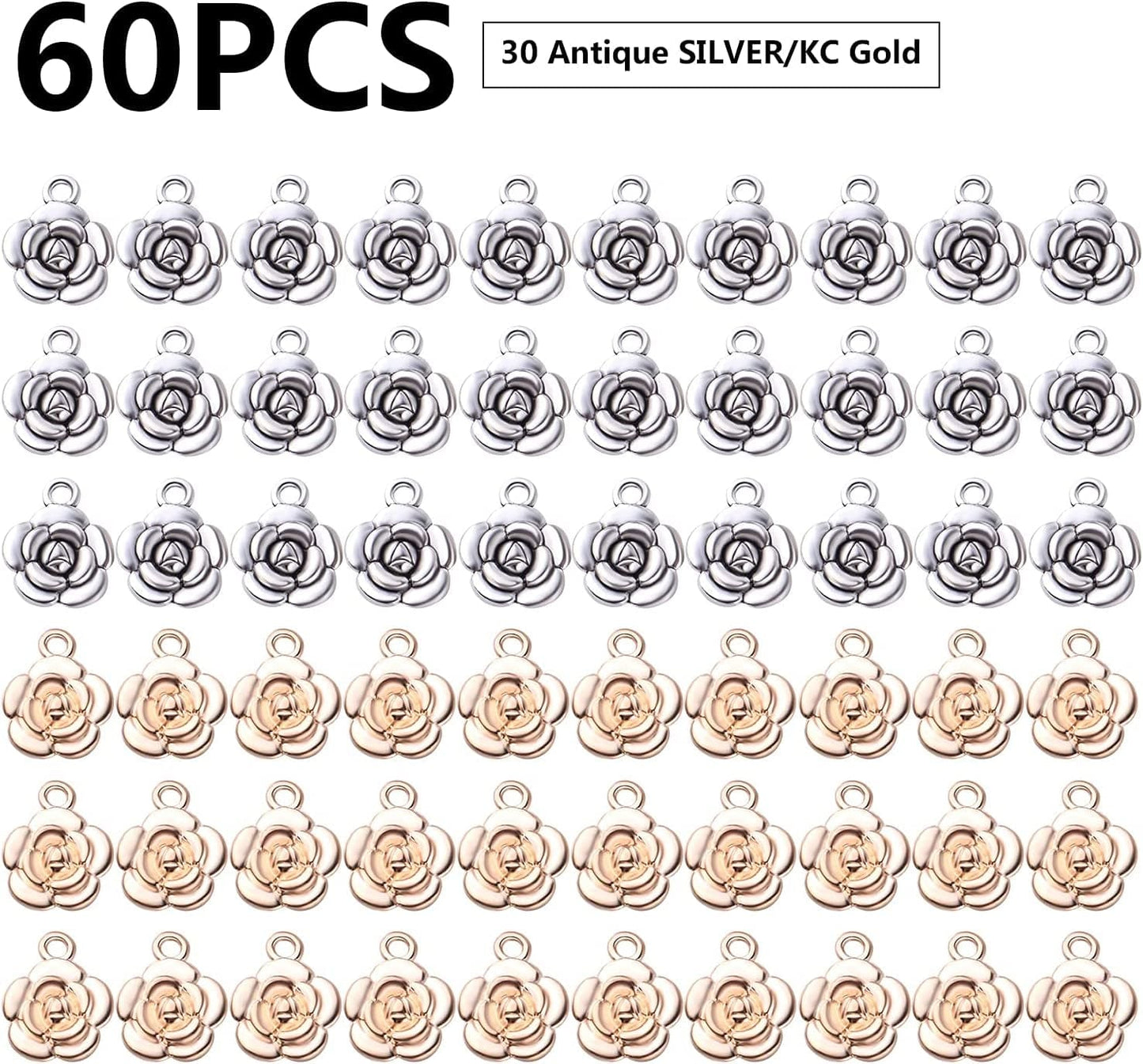 Bronagrand Rose Charm Pendant,60Pcs Alloy Rose Flower Charms Flower Bead Charms Craft Supplies for Jewelry DIY Necklace Earrings Bracelet Making Accessory,Antique Silver and Gold