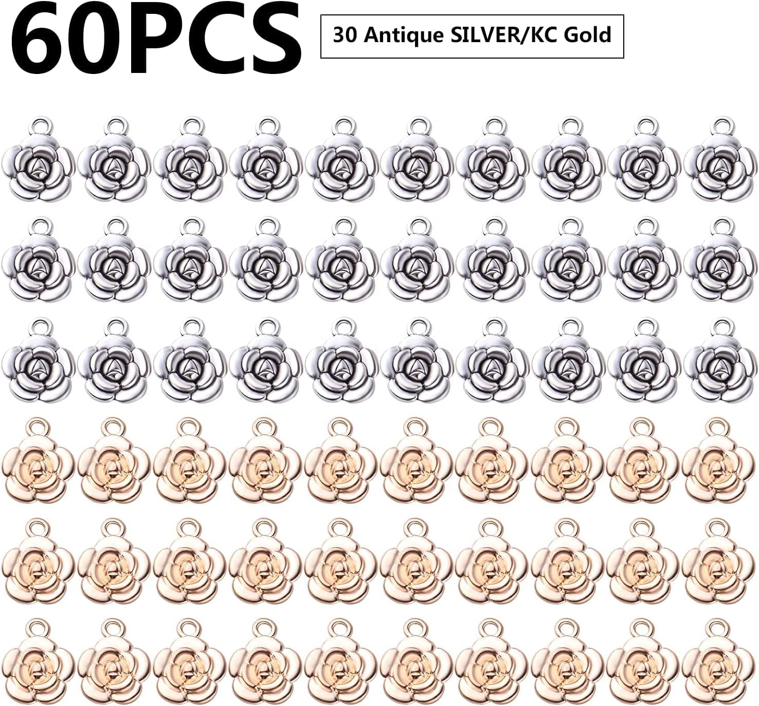 Bronagrand Rose Charm Pendant,60Pcs Alloy Rose Flower Charms Flower Bead Charms Craft Supplies for Jewelry DIY Necklace Earrings Bracelet Making Accessory,Antique Silver and Gold