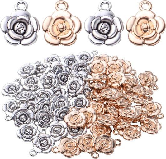 Bronagrand Rose Charm Pendant,60Pcs Alloy Rose Flower Charms Flower Bead Charms Craft Supplies for Jewelry DIY Necklace Earrings Bracelet Making Accessory,Antique Silver and Gold Silver/Gold