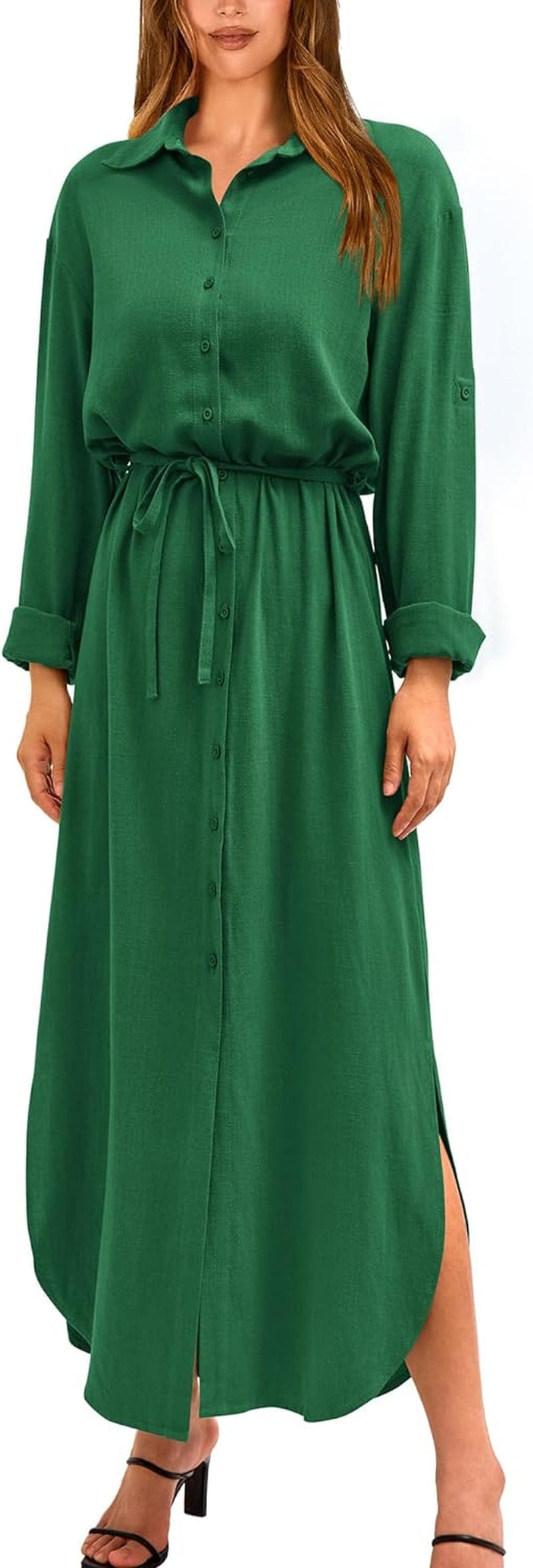 BTFBM Women Casual Button down Shirt Dress Rolled-Up Long Sleeve Maxi Dresses Sping Fall Belted Side Slit Long Dress Solid Green / Medium