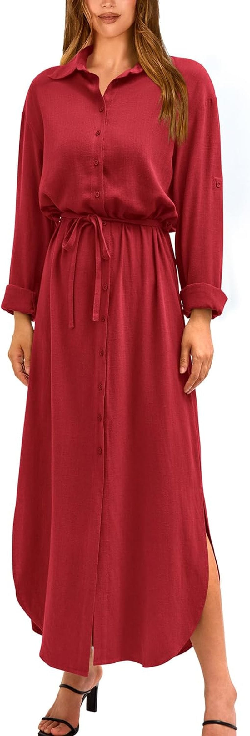 BTFBM Women Casual Button down Shirt Dress Rolled-Up Long Sleeve Maxi Dresses Sping Fall Belted Side Slit Long Dress Solid Red / Small