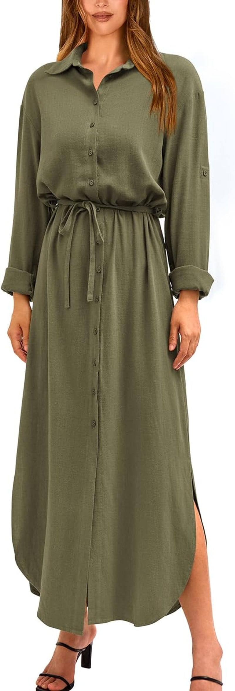 BTFBM Women Casual Button down Shirt Dress Rolled-Up Long Sleeve Maxi Dresses Sping Fall Belted Side Slit Long Dress Solid Light Army Green / Small