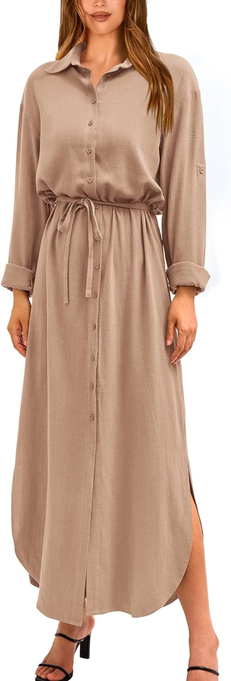 BTFBM Women Casual Button down Shirt Dress Rolled-Up Long Sleeve Maxi Dresses Sping Fall Belted Side Slit Long Dress Solid Camel / Medium