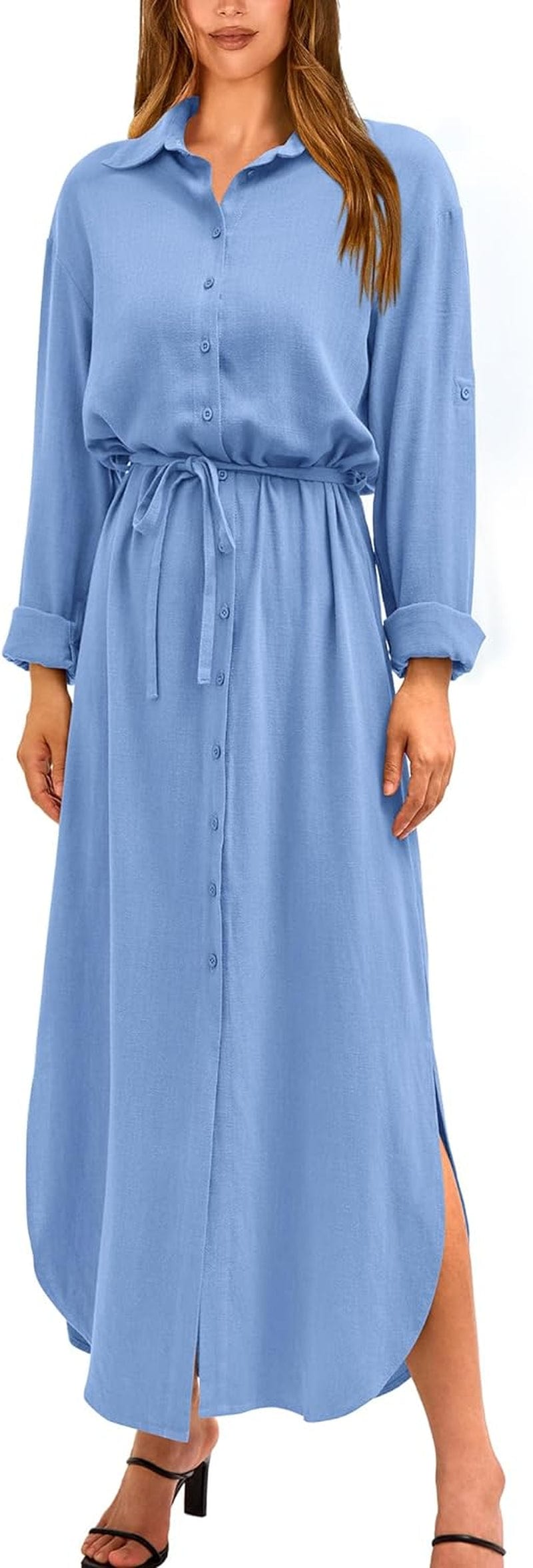 BTFBM Women Casual Button down Shirt Dress Rolled-Up Long Sleeve Maxi Dresses Sping Fall Belted Side Slit Long Dress Solid Light Blue / Medium