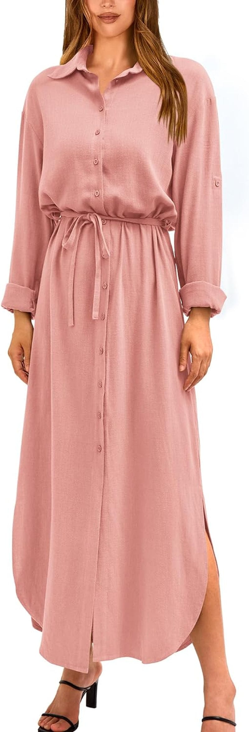 BTFBM Women Casual Button down Shirt Dress Rolled-Up Long Sleeve Maxi Dresses Sping Fall Belted Side Slit Long Dress Solid Pink / Small