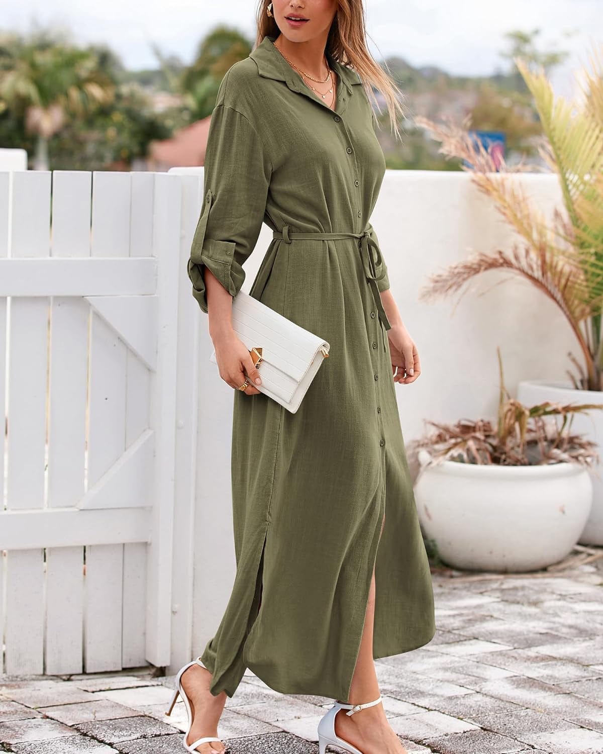 BTFBM Women Casual Button down Shirt Dress Rolled-Up Long Sleeve Maxi Dresses Sping Fall Belted Side Slit Long Dress