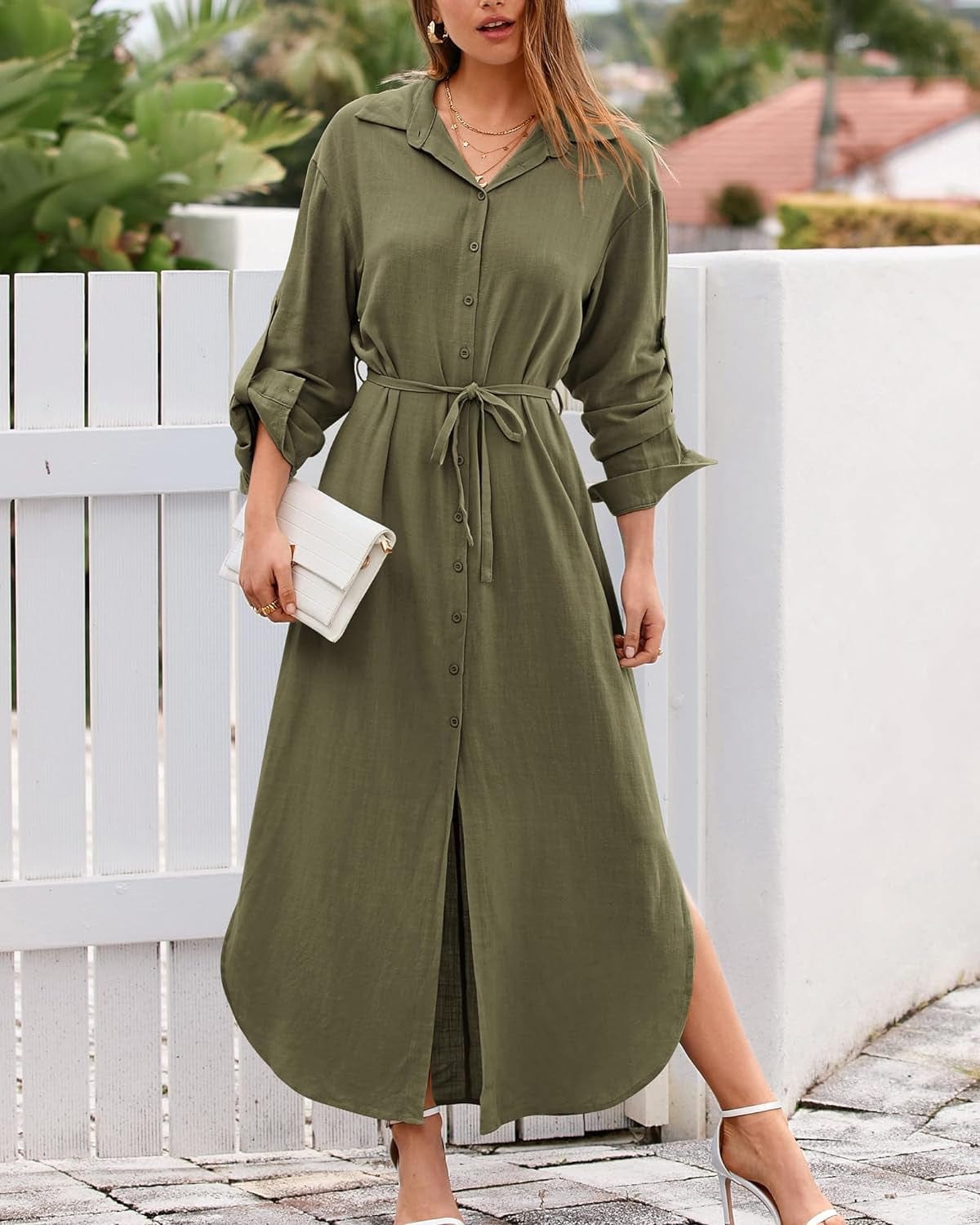 BTFBM Women Casual Button down Shirt Dress Rolled-Up Long Sleeve Maxi Dresses Sping Fall Belted Side Slit Long Dress