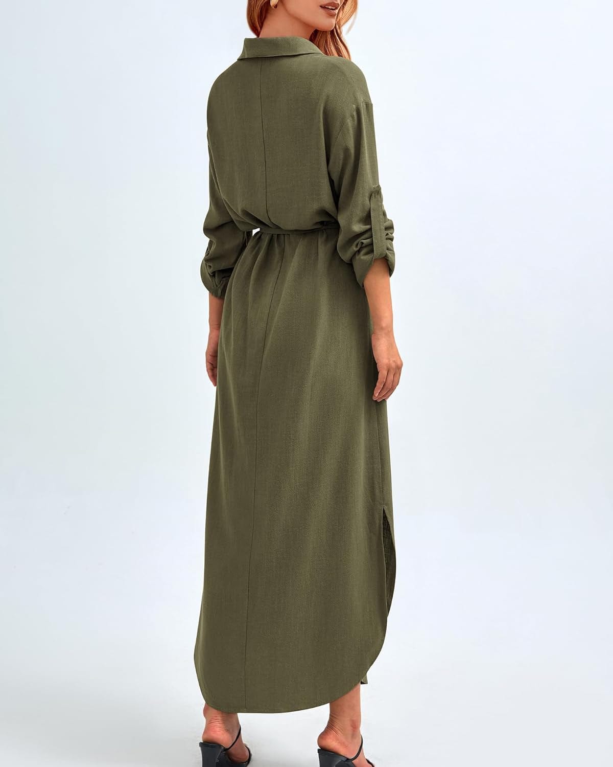 BTFBM Women Casual Button down Shirt Dress Rolled-Up Long Sleeve Maxi Dresses Sping Fall Belted Side Slit Long Dress