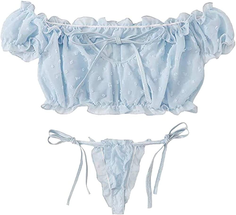 Buitifo Women Lingerie Set Lace Babydoll Self Tie Sexy Bra and Panty Pajamas Set Blue / Small