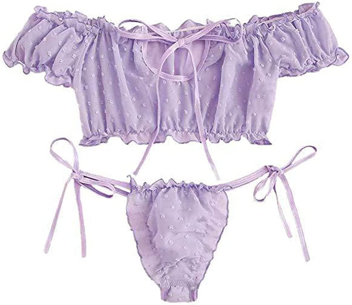 Buitifo Women Lingerie Set Lace Babydoll Self Tie Sexy Bra and Panty Pajamas Set Purple / Small