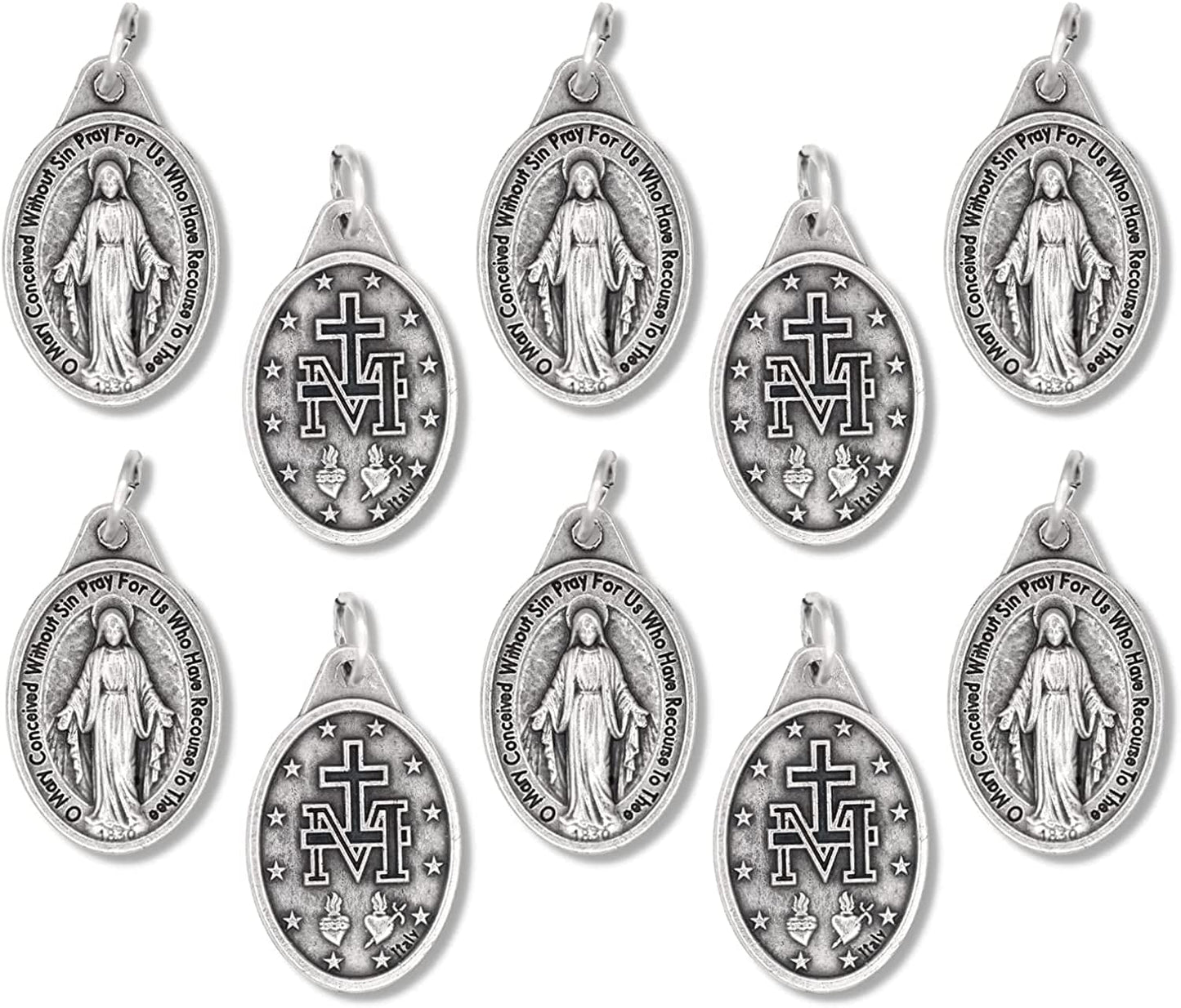 Bulk Pack of 10 - Miraculous Medal Pendant for Necklace -1" Oval Silver Oxidized Miraculous Medals Pendant for Necklace, Medals for Jewelry Catholic, Made in Italy