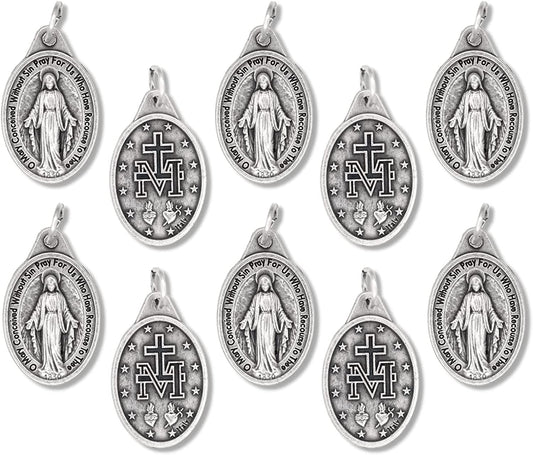 Bulk Pack of 10 - Miraculous Medal Pendant for Necklace -1" Oval Silver Oxidized Miraculous Medals Pendant for Necklace, Medals for Jewelry Catholic, Made in Italy