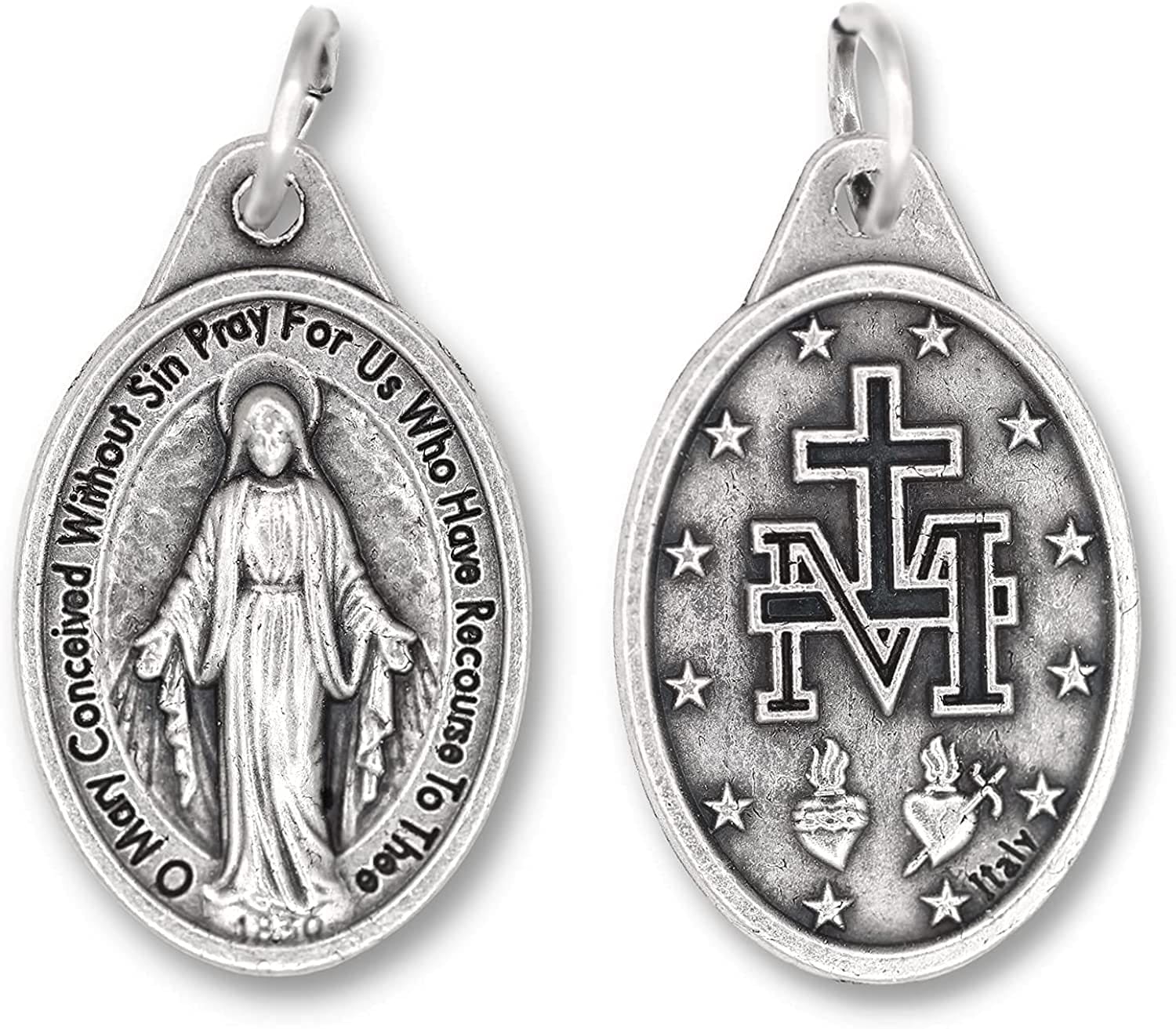 Bulk Pack of 100 - Miraculous Medal Pendant for Necklace -1" Oval Silver Oxidized Miraculous Medals Catholic, Medals for Jewelry Catholic, Made in Italy