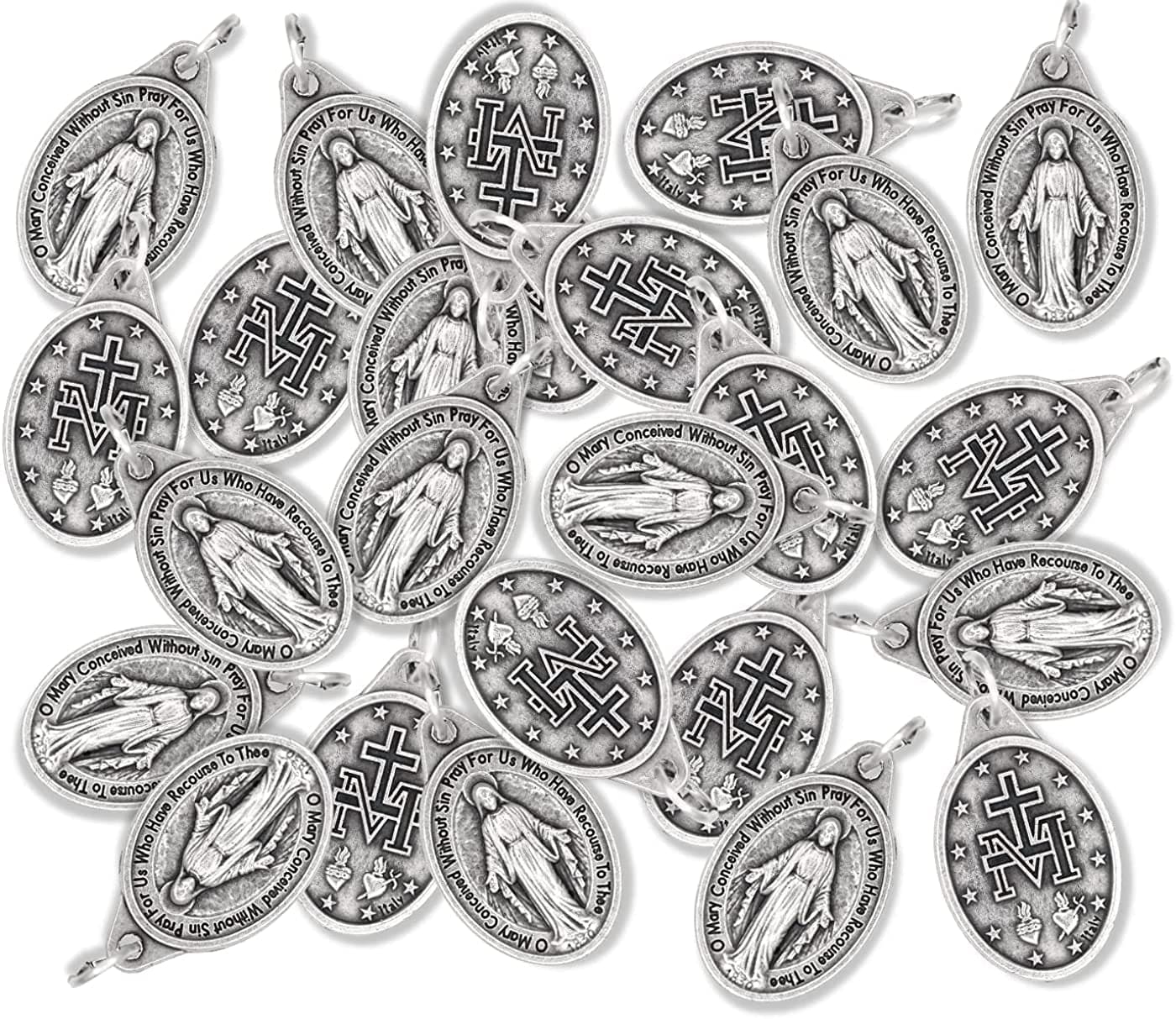 Bulk Pack of 100 - Miraculous Medal Pendant for Necklace -1" Oval Silver Oxidized Miraculous Medals Catholic, Medals for Jewelry Catholic, Made in Italy