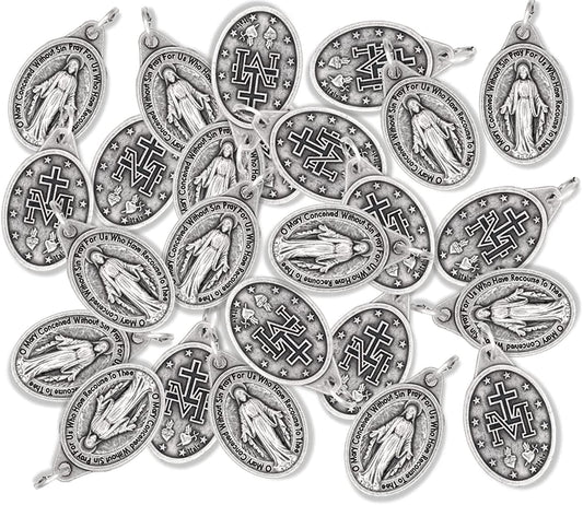 Bulk Pack of 100 - Miraculous Medal Pendant for Necklace -1" Oval Silver Oxidized Miraculous Medals Catholic, Medals for Jewelry Catholic, Made in Italy