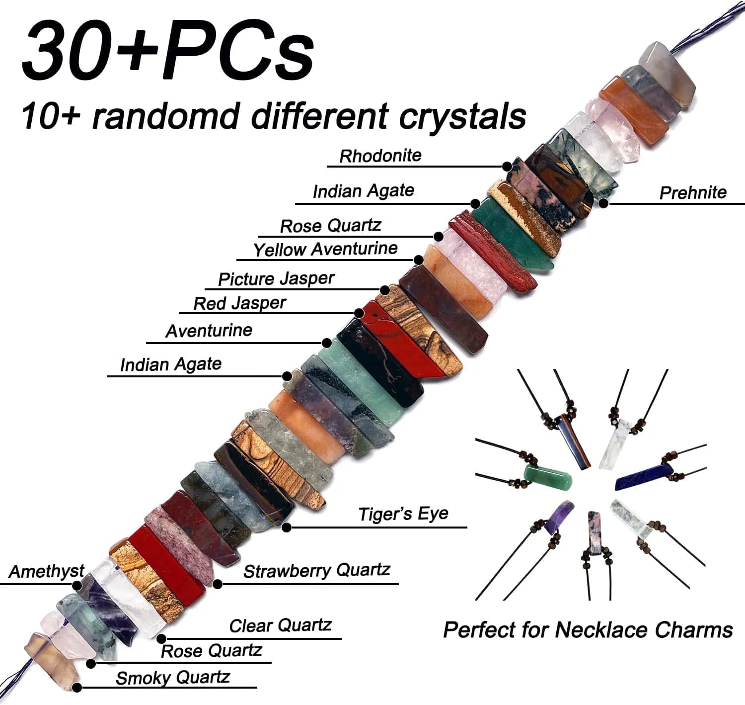 Bulk Real Natural Crystal Stone Charms for Jewelry Making, 30+ Pcs Mix Color Healing Crystal Sticks for Pendants. Assorted Crystal Points Strand Drilled for Craft.