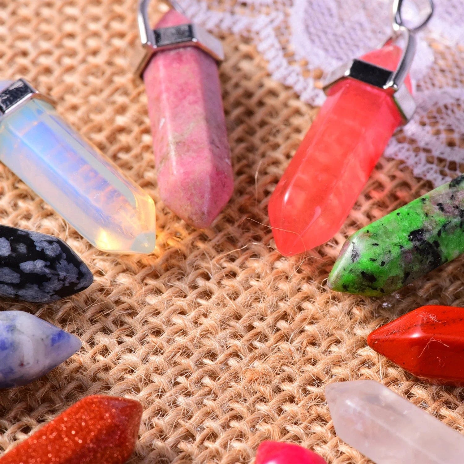 Bullet Shape Gemstone Pendant Hexagonal Chakra Crystal Pointed Quartz Pendants Artificial Stone with Storage Bag (32 Pieces)
