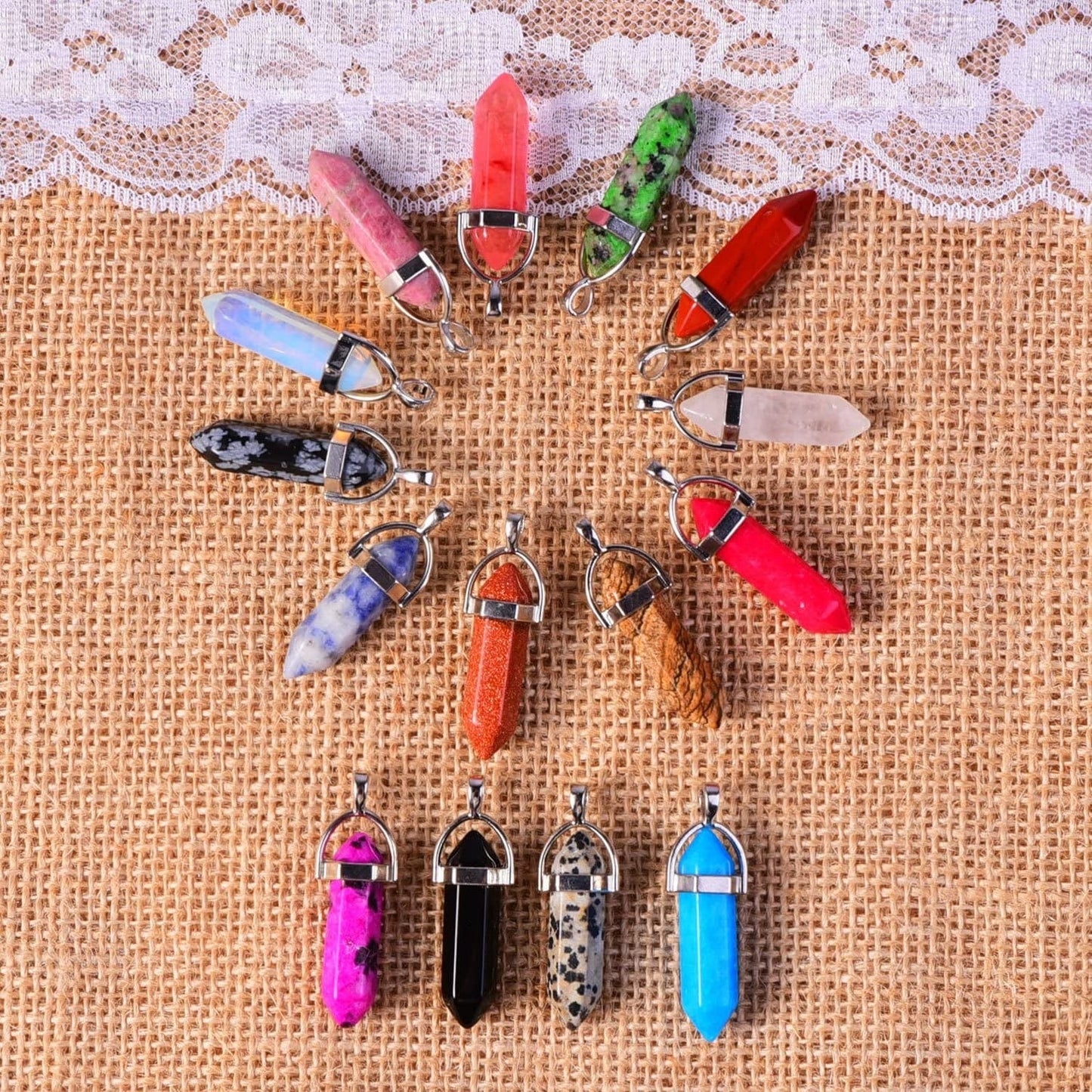 Bullet Shape Gemstone Pendant Hexagonal Chakra Crystal Pointed Quartz Pendants Artificial Stone with Storage Bag (64 Pieces) 64