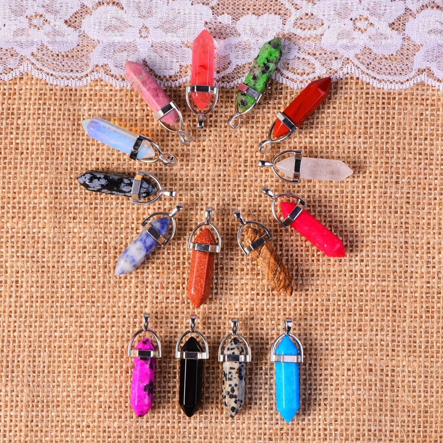 Bullet Shape Gemstone Pendant Hexagonal Chakra Crystal Pointed Quartz Pendants Artificial Stone with Storage Bag (64 Pieces) 64