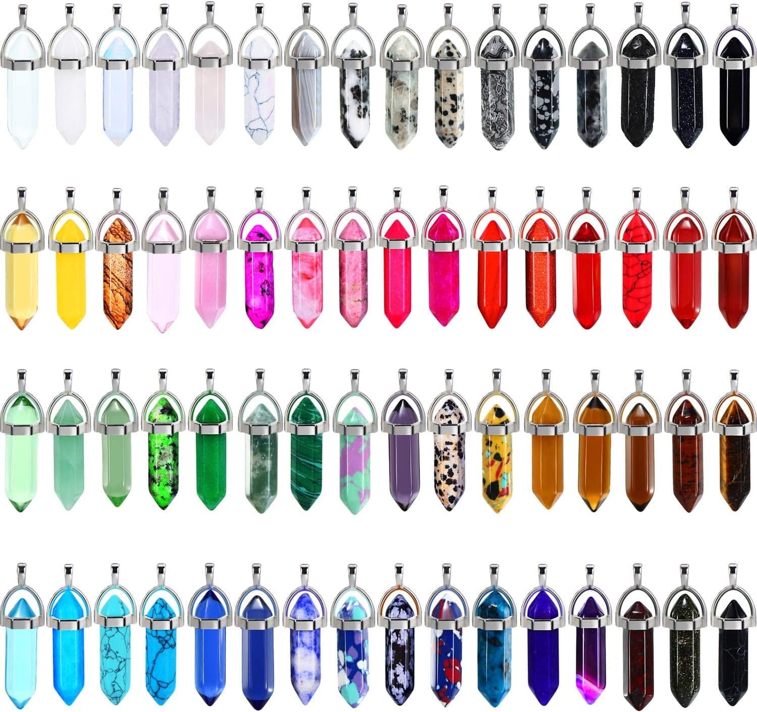 Bullet Shape Gemstone Pendant Hexagonal Chakra Crystal Pointed Quartz Pendants Artificial Stone with Storage Bag (64 Pieces) 64