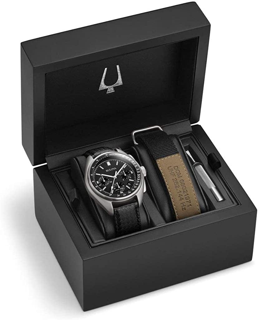 Bulova Men'S Archive Series Lunar Pilot 6-Hand Chronograph High Performance Quartz Stainless Steel and Black Nylon Strap Watch Set, Sapphire Crystal Style: 96B251