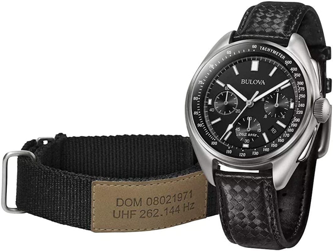 Bulova Men'S Archive Series Lunar Pilot 6-Hand Chronograph High Performance Quartz Stainless Steel and Black Nylon Strap Watch Set, Sapphire Crystal Style: 96B251