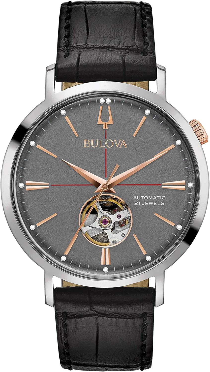 Bulova Men'S Classic Automatic Aerojet Strap Watch with Open Aperture Silver Tone Rose Gold/ Black Strap