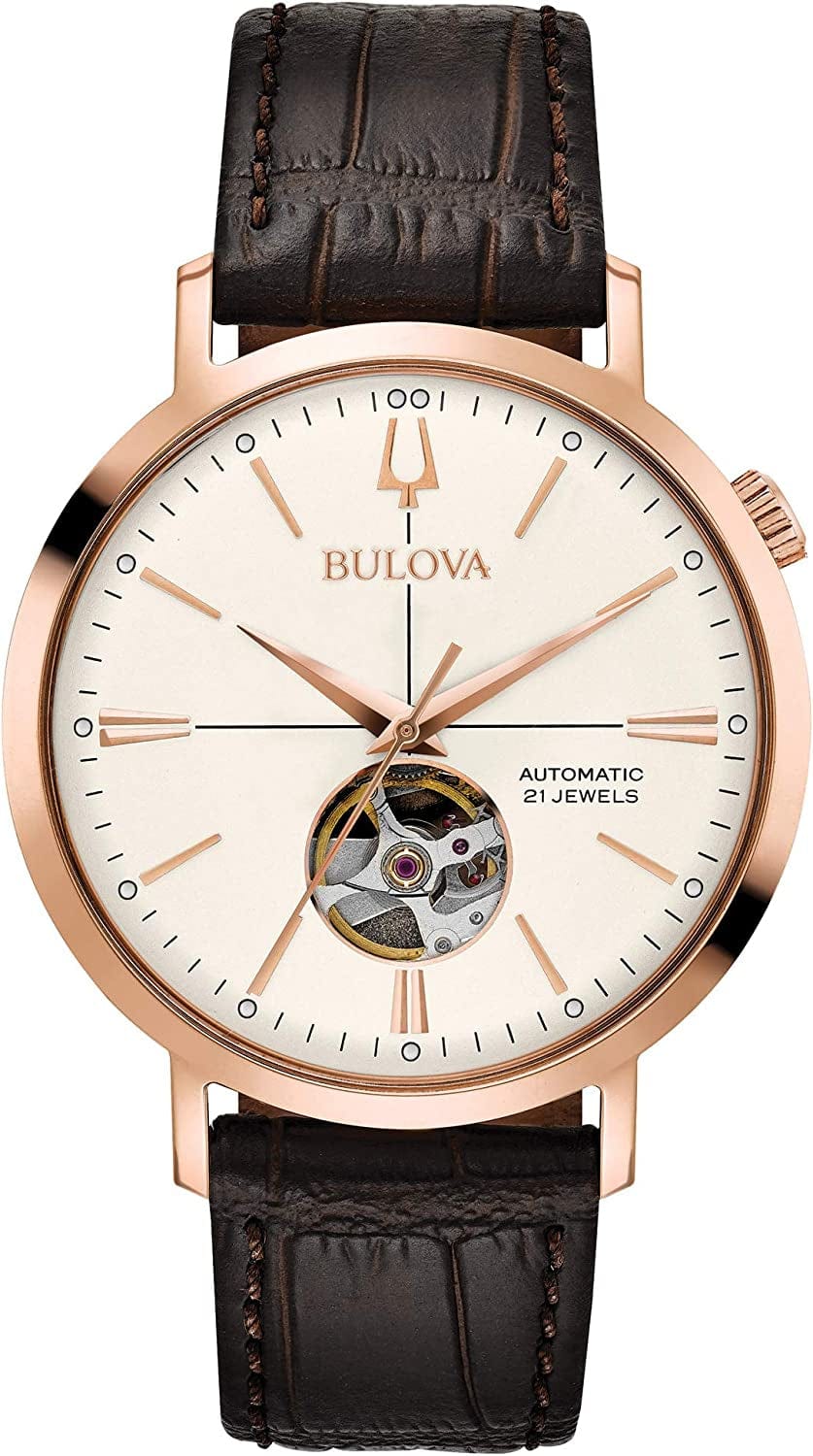 Bulova Men'S Classic Automatic Aerojet Strap Watch with Open Aperture Rose/Brown Strap