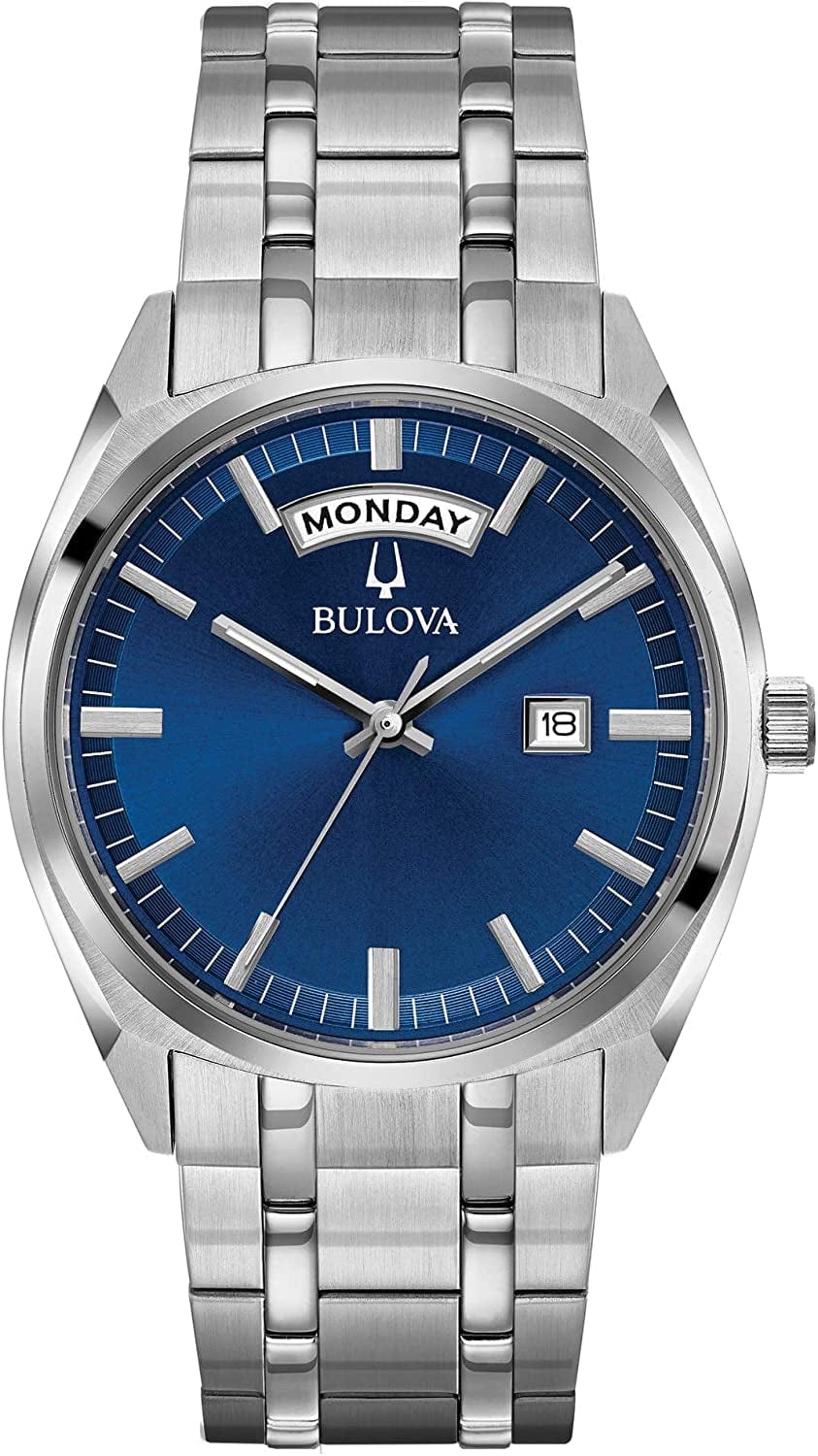 Bulova Men'S Classic Stainless Steel Watch with Day Date Silver Tone/Blue