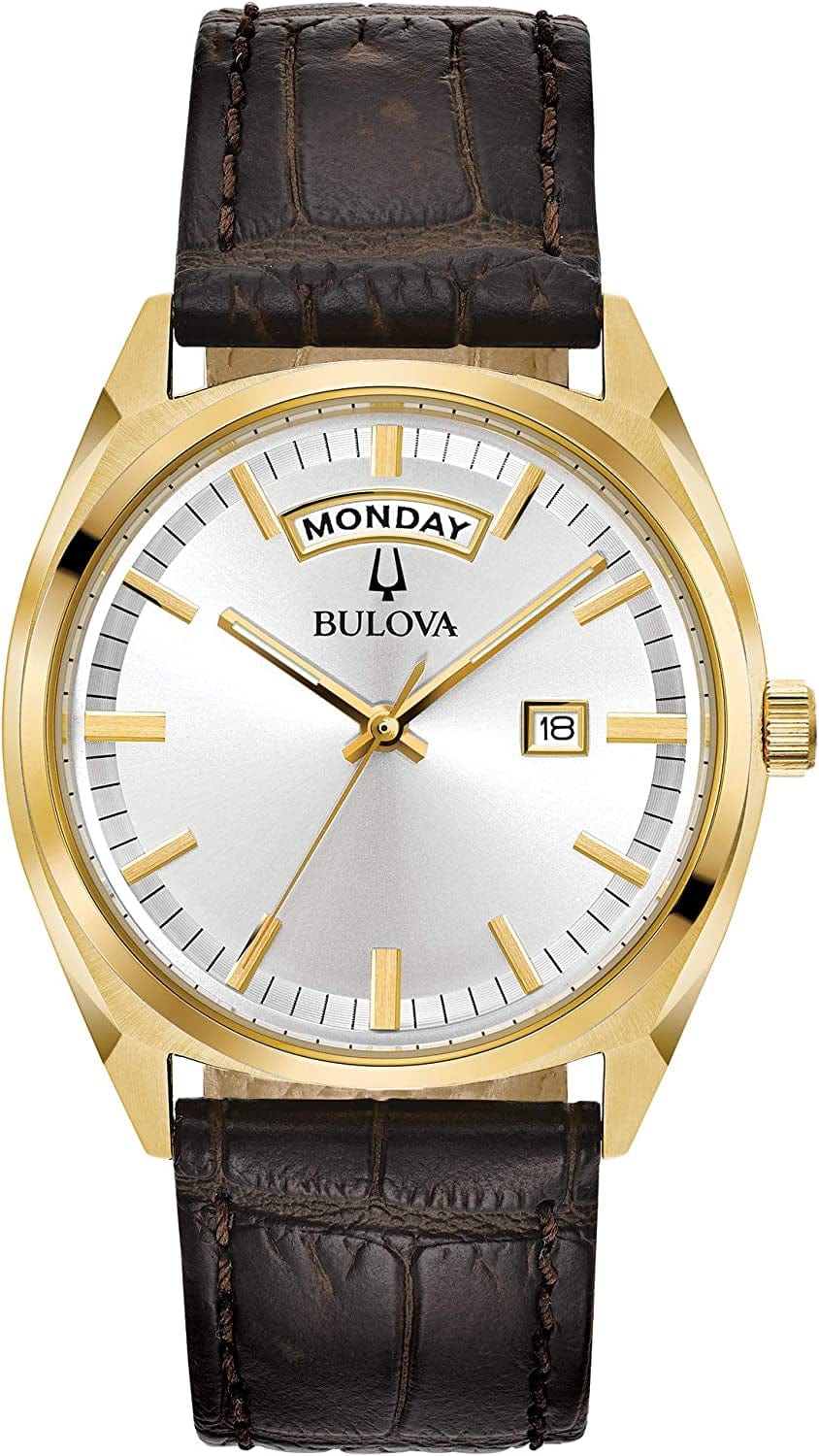 Bulova Men'S Classic Stainless Steel Watch with Day Date Gold/Brown Strap