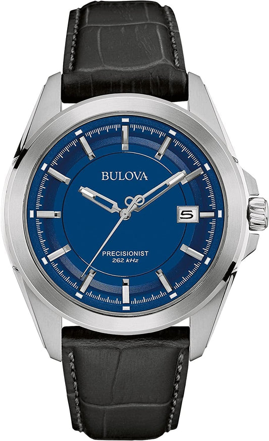 Bulova Mens Precisionist Leather Strap Watch Silver-Tone/Blue dial / Precisionist