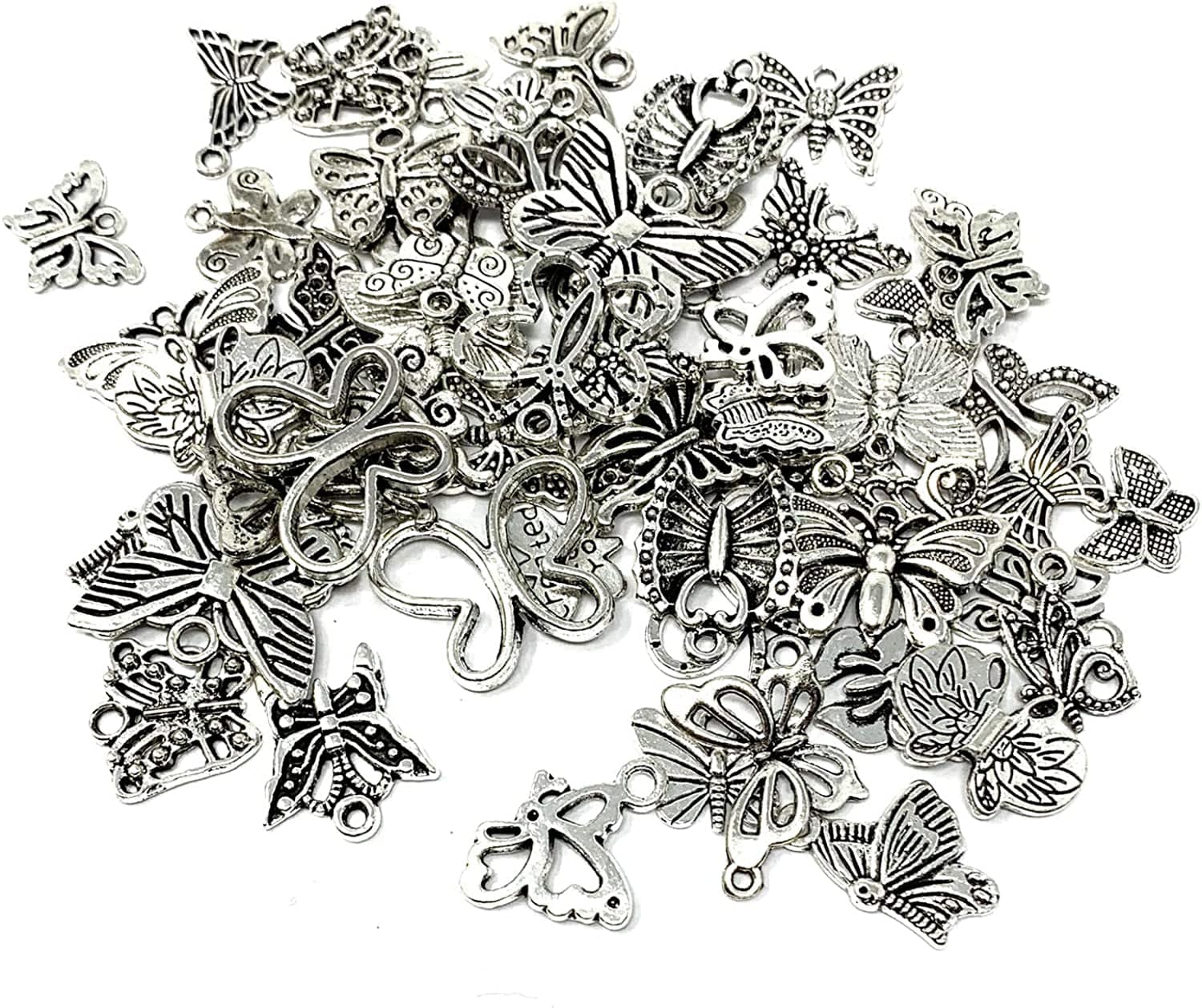 Butterfly Charms Beads Necklace Pendants DIY for Jewelry Making and Crafting, 60 PCS Tibetan Silver Plated Butterfly Charm