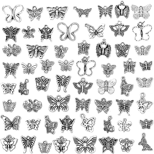 Butterfly Charms Beads Necklace Pendants DIY for Jewelry Making and Crafting, 60 PCS Tibetan Silver Plated Butterfly Charm