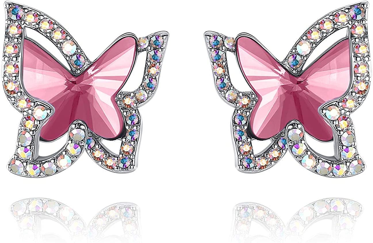 Butterfly Crystal Stud Earrings for Women with Premium Birthstone, Silver-Tone - Mother'S Day Valentine’S Day Jewelry - Gifts for Women Mom Wife Daughter Girlfriend October Birthstone - Light Rose Pink Crystal