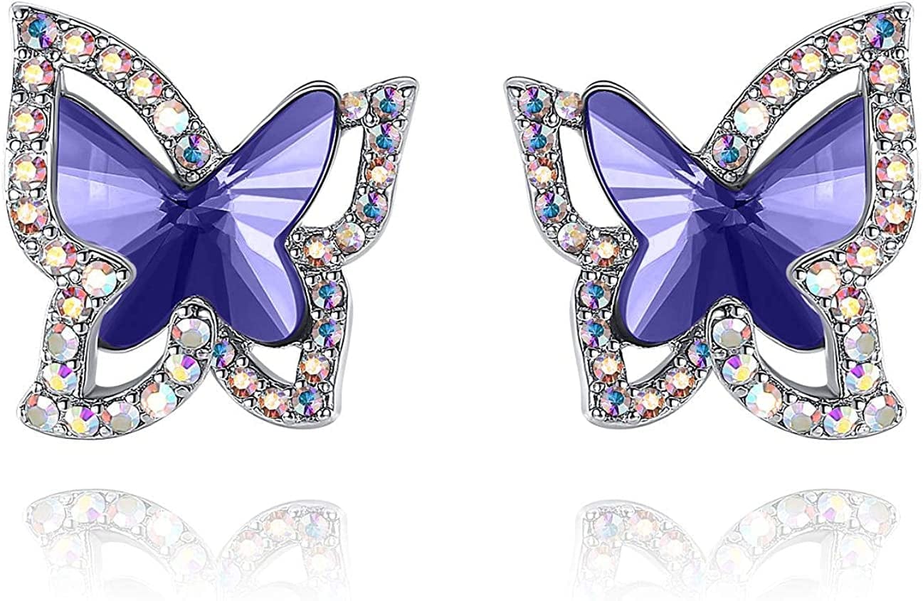 Butterfly Crystal Stud Earrings for Women with Premium Birthstone, Silver-Tone - Mother'S Day Valentine’S Day Jewelry - Gifts for Women Mom Wife Daughter Girlfriend February Birthstone - Tanzanite Purple Crystal