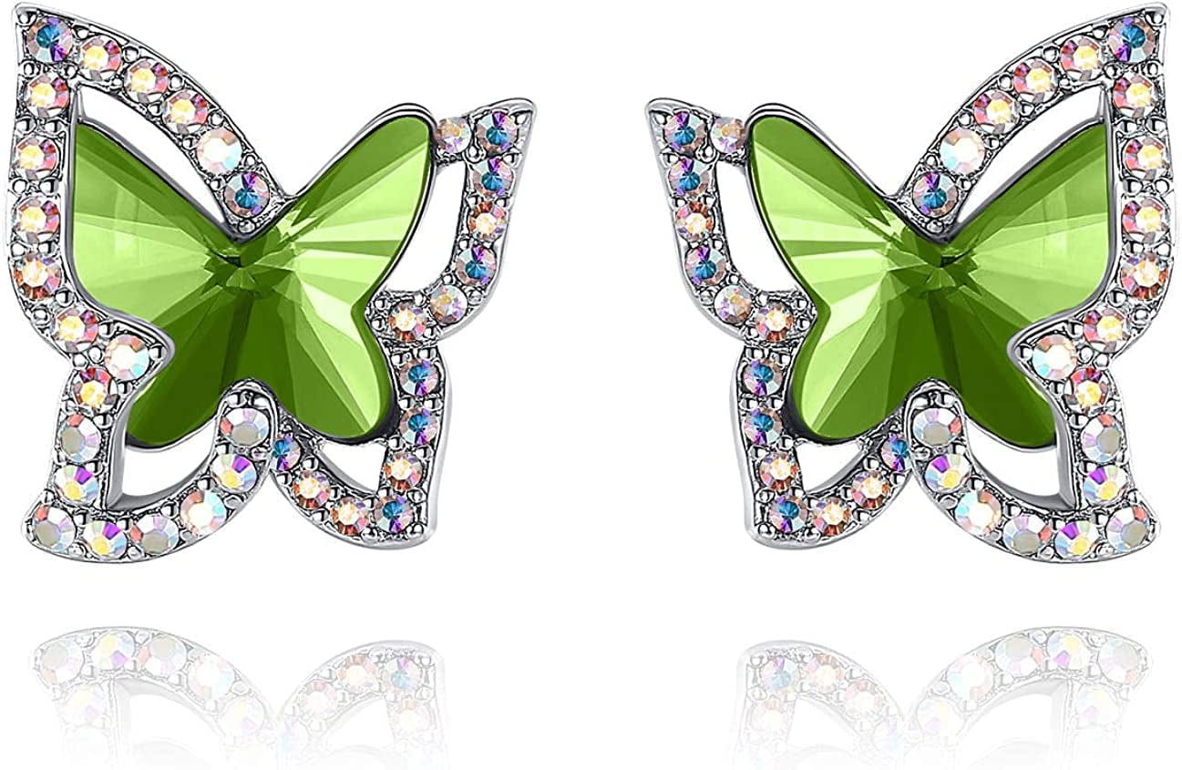 Butterfly Crystal Stud Earrings for Women with Premium Birthstone, Silver-Tone - Mother'S Day Valentine’S Day Jewelry - Gifts for Women Mom Wife Daughter Girlfriend August Birthstone - Peridot Green Crystal