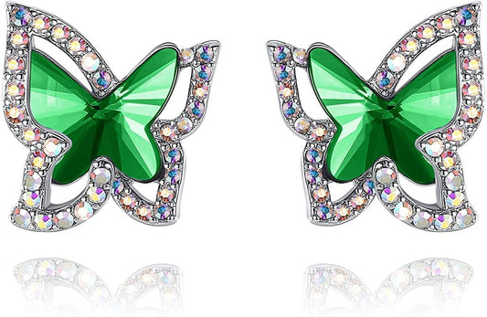 Butterfly Crystal Stud Earrings for Women with Premium Birthstone, Silver-Tone - Mother'S Day Valentine’S Day Jewelry - Gifts for Women Mom Wife Daughter Girlfriend May Birthstone - Emerald Green Crystal