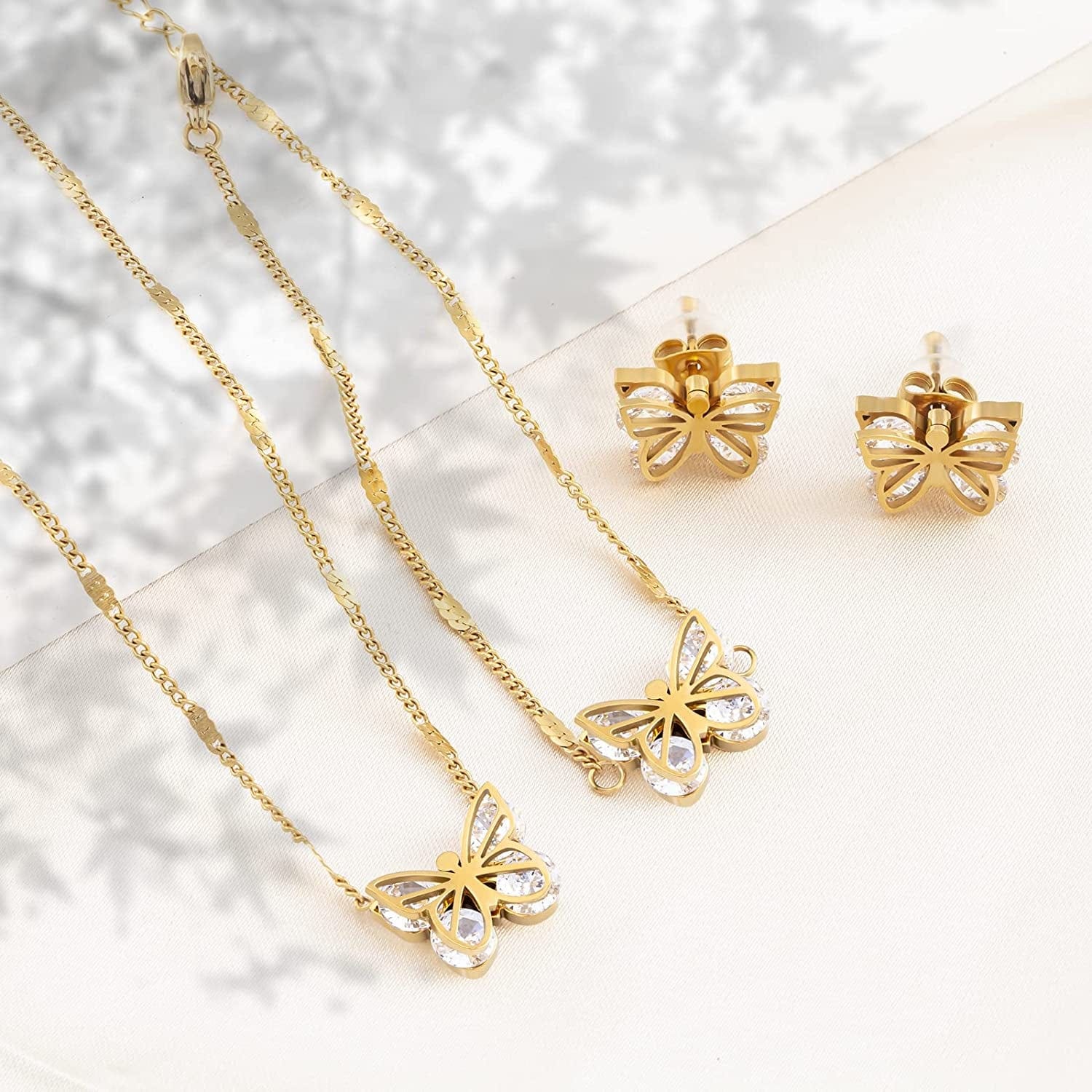 Butterfly Jewelry Set, Diamond 18K Gold Butterflies Pendant Necklace Inlaid Zircon Butterfly Bracelet Charm Hollow Butterfly Earrings Jewelry Accessories for Women Girls Christmas Gift
