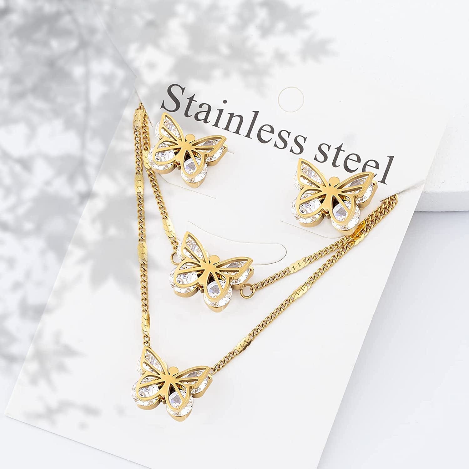 Butterfly Jewelry Set, Diamond 18K Gold Butterflies Pendant Necklace Inlaid Zircon Butterfly Bracelet Charm Hollow Butterfly Earrings Jewelry Accessories for Women Girls Christmas Gift