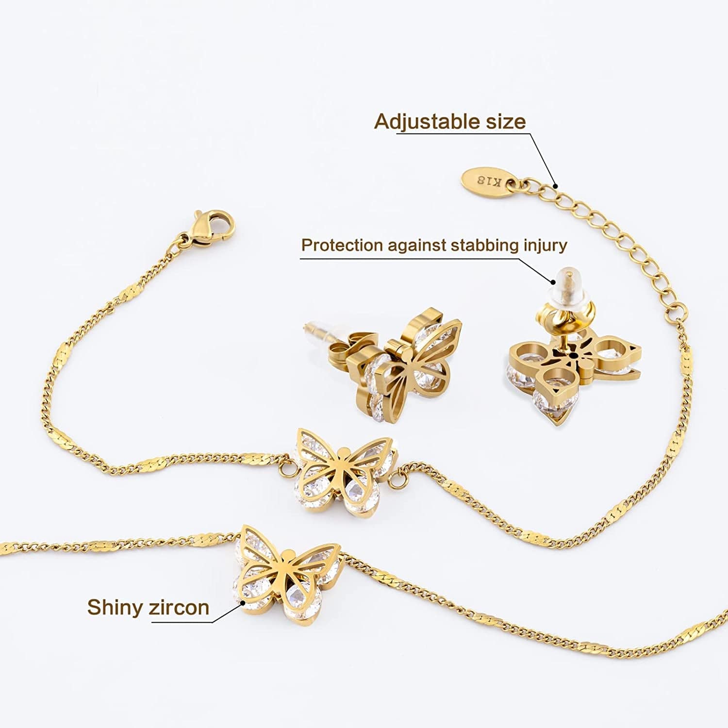 Butterfly Jewelry Set, Diamond 18K Gold Butterflies Pendant Necklace Inlaid Zircon Butterfly Bracelet Charm Hollow Butterfly Earrings Jewelry Accessories for Women Girls Christmas Gift