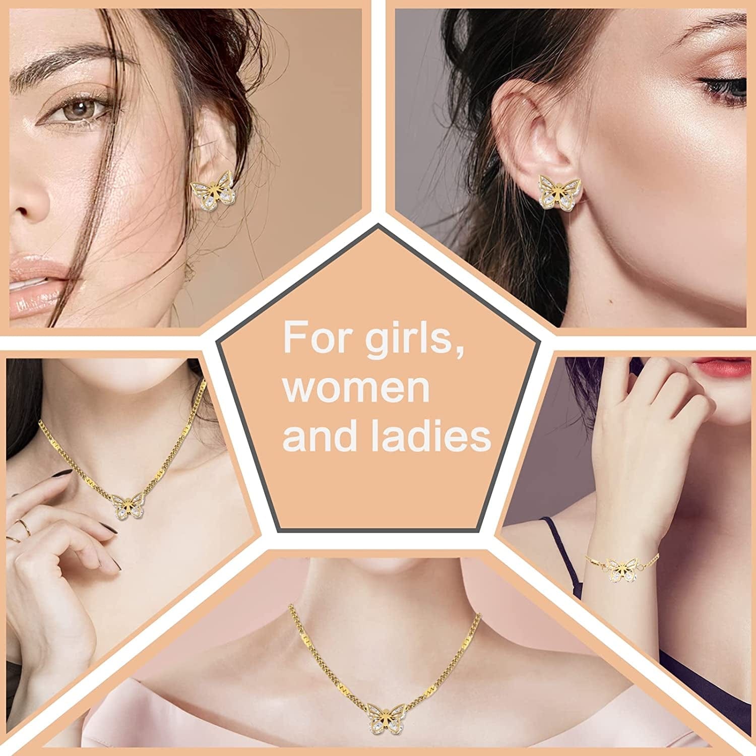 Butterfly Jewelry Set, Diamond 18K Gold Butterflies Pendant Necklace Inlaid Zircon Butterfly Bracelet Charm Hollow Butterfly Earrings Jewelry Accessories for Women Girls Christmas Gift