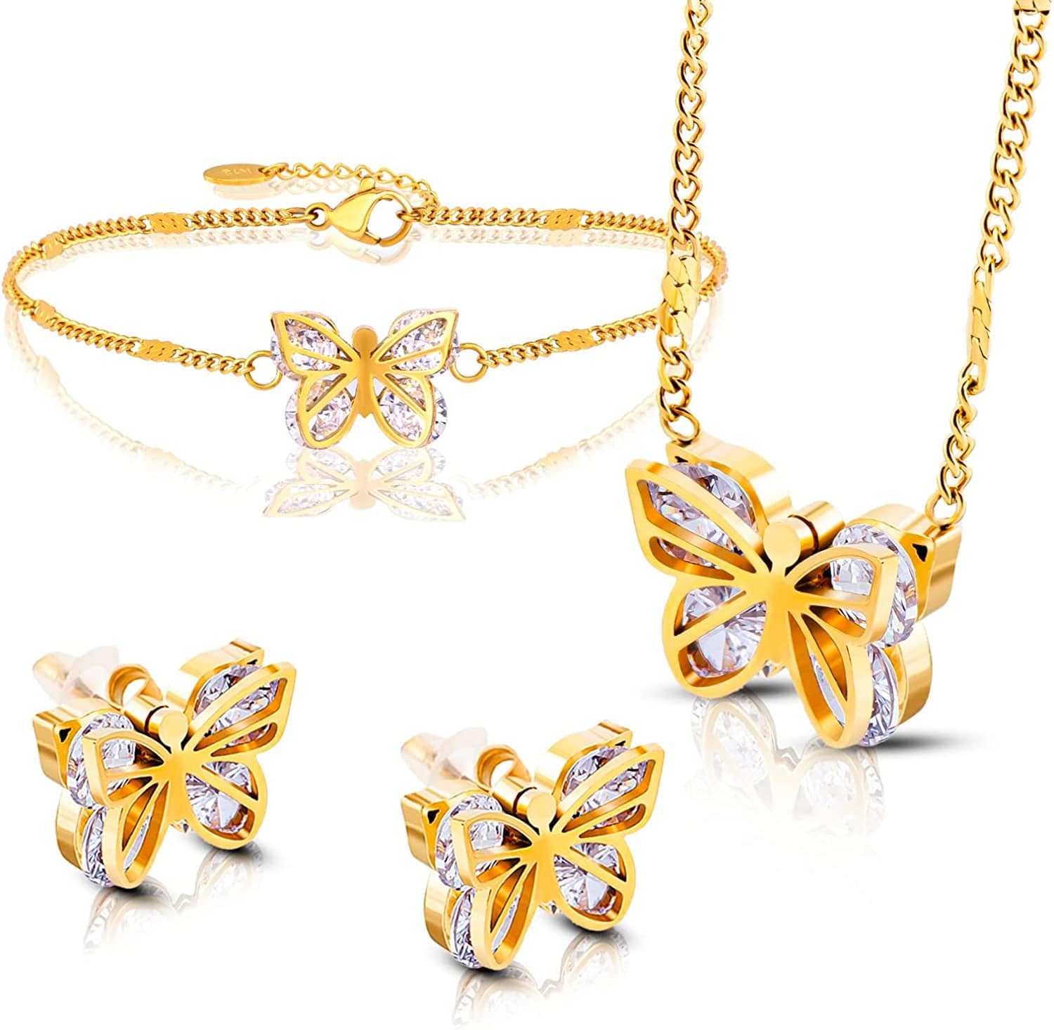 Butterfly Jewelry Set, Diamond 18K Gold Butterflies Pendant Necklace Inlaid Zircon Butterfly Bracelet Charm Hollow Butterfly Earrings Jewelry Accessories for Women Girls Christmas Gift
