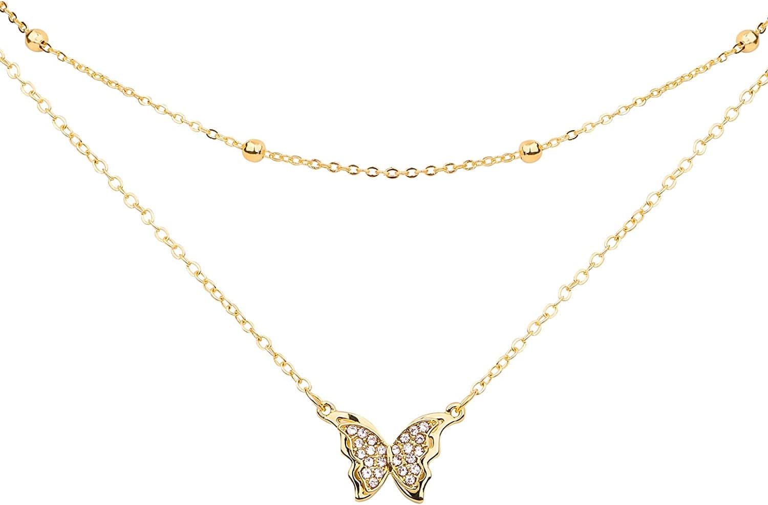 Butterfly Pendant Necklace for Cute Girls, 14K Gold Plated Handmade Hollow Layered Necklace for Women Birthday Gold