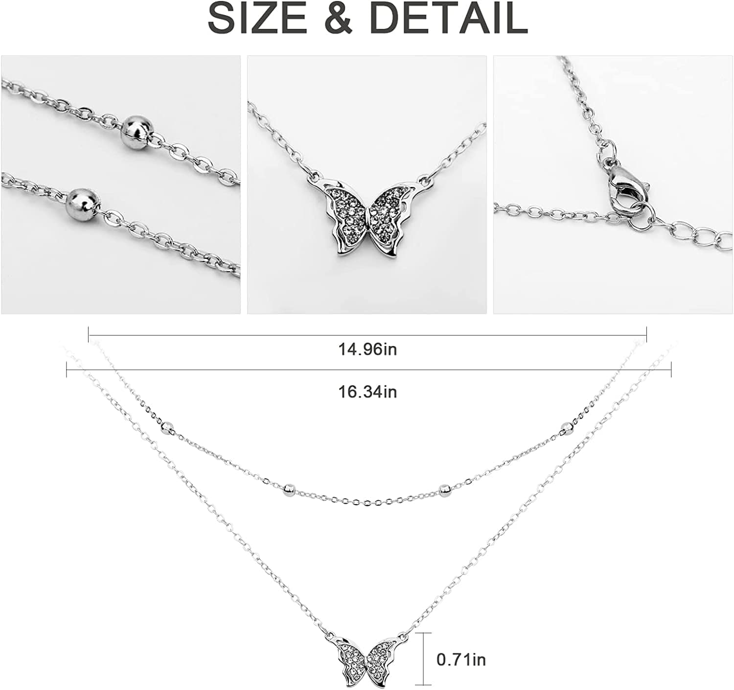 Butterfly Pendant Necklace for Cute Girls, 14K Gold Plated Handmade Hollow Layered Necklace for Women Birthday