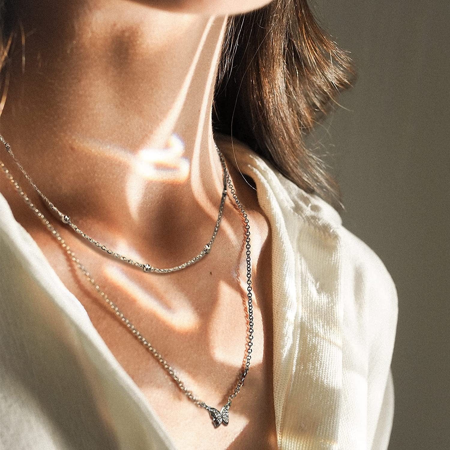 Butterfly Pendant Necklace for Cute Girls, 14K Gold Plated Handmade Hollow Layered Necklace for Women Birthday